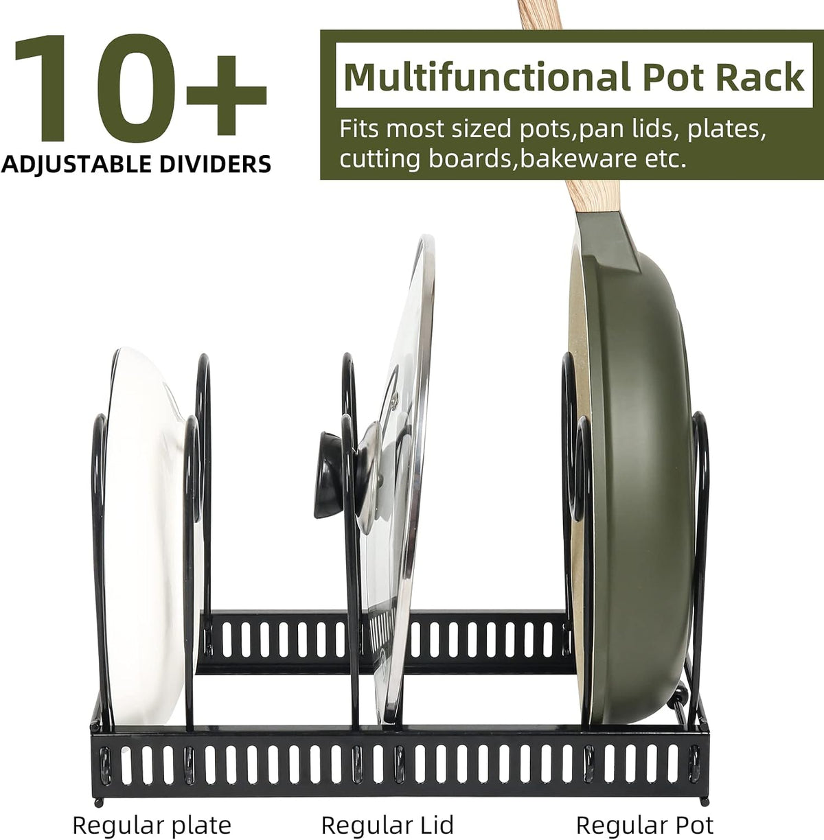 Pot and Pan Lid Organizer Rack for Under Cabinet, 12"-23" Expandable | 10 Adjustable Dividers, Holds Pan Lids, Cookware & Bakeware, Creates Tidy Cabinet Storage, Durable Metal, Bronze