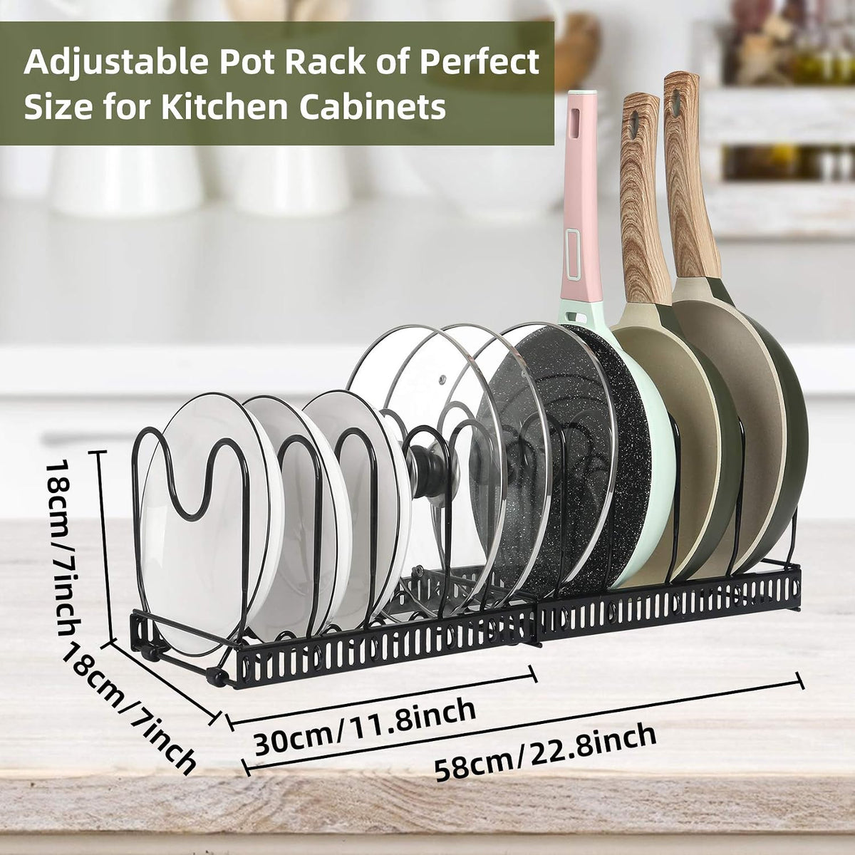 Pot and Pan Lid Organizer Rack for Under Cabinet, 12"-23" Expandable | 10 Adjustable Dividers, Holds Pan Lids, Cookware & Bakeware, Creates Tidy Cabinet Storage, Durable Metal, Bronze
