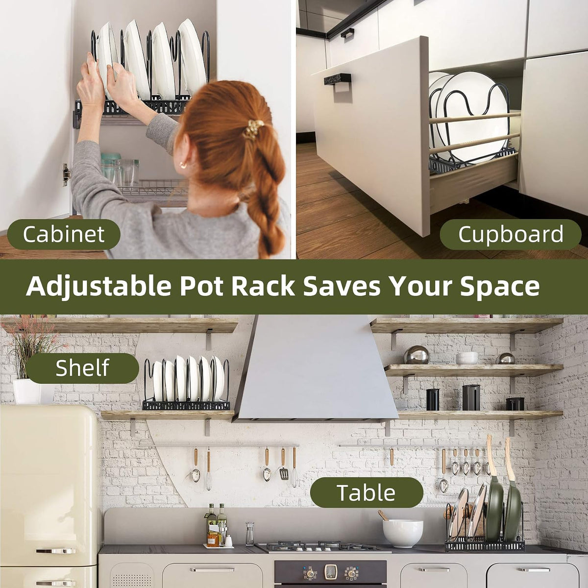 Pot and Pan Lid Organizer Rack for Under Cabinet, 12"-23" Expandable | 10 Adjustable Dividers, Holds Pan Lids, Cookware & Bakeware, Creates Tidy Cabinet Storage, Durable Metal, Bronze