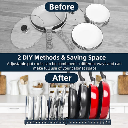 Pot and Pan Lid Organizer Rack for Under Cabinet, 12"-23" Expandable | 10 Adjustable Dividers, Holds Pan Lids, Cookware & Bakeware, Creates Tidy Cabinet Storage, Durable Metal, Bronze