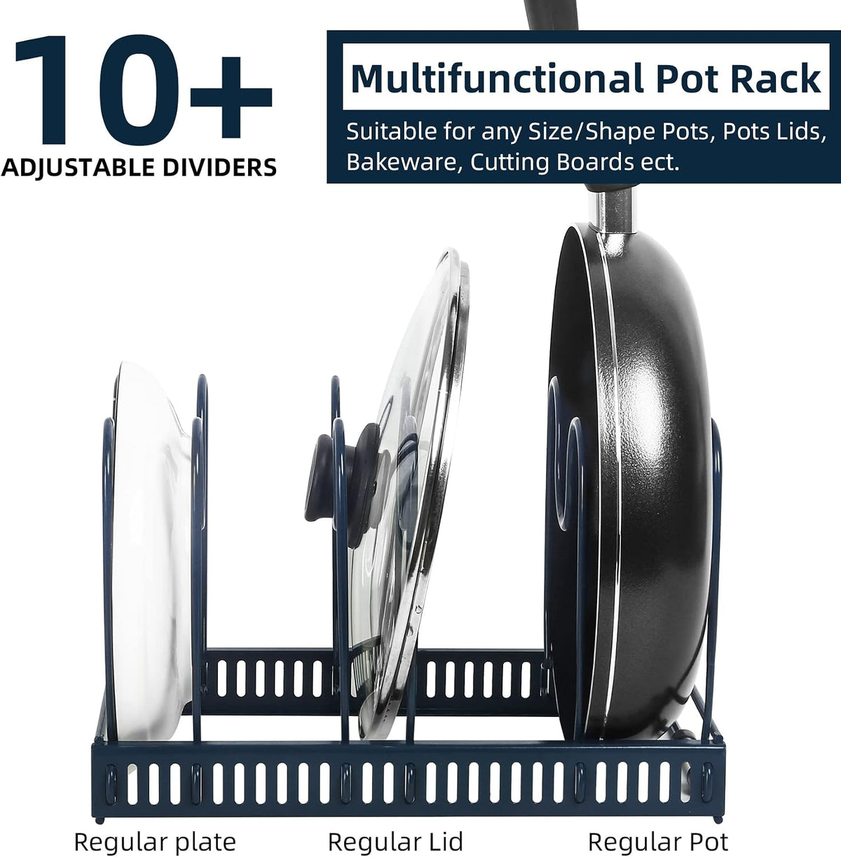 Pot and Pan Lid Organizer Rack for Under Cabinet, 12"-23" Expandable | 10 Adjustable Dividers, Holds Pan Lids, Cookware & Bakeware, Creates Tidy Cabinet Storage, Durable Metal, Bronze