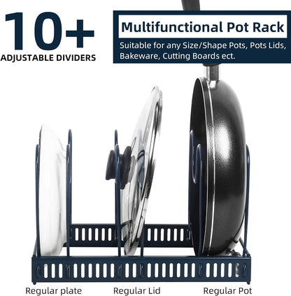 Pot and Pan Lid Organizer Rack for Under Cabinet, 12"-23" Expandable | 10 Adjustable Dividers, Holds Pan Lids, Cookware & Bakeware, Creates Tidy Cabinet Storage, Durable Metal, Bronze