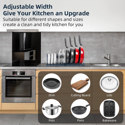 Pot and Pan Lid Organizer Rack for Under Cabinet, 12"-23" Expandable | 10 Adjustable Dividers, Holds Pan Lids, Cookware & Bakeware, Creates Tidy Cabinet Storage, Durable Metal, Bronze