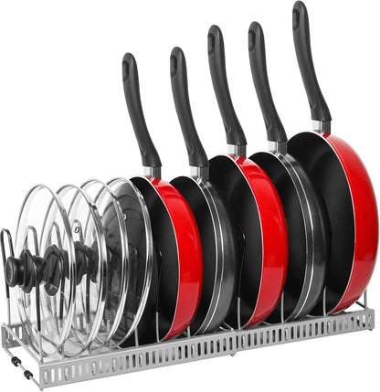 Pot and Pan Lid Organizer Rack for Under Cabinet, 12"-23" Expandable | 10 Adjustable Dividers, Holds Pan Lids, Cookware & Bakeware, Creates Tidy Cabinet Storage, Durable Metal, Bronze