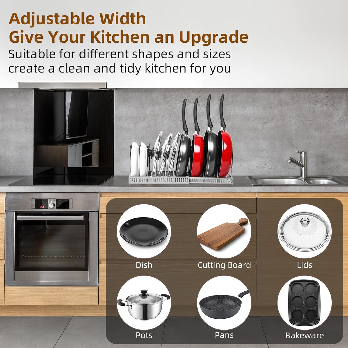 Pot and Pan Lid Organizer Rack for Under Cabinet, 12"-23" Expandable | 10 Adjustable Dividers, Holds Pan Lids, Cookware & Bakeware, Creates Tidy Cabinet Storage, Durable Metal, Bronze