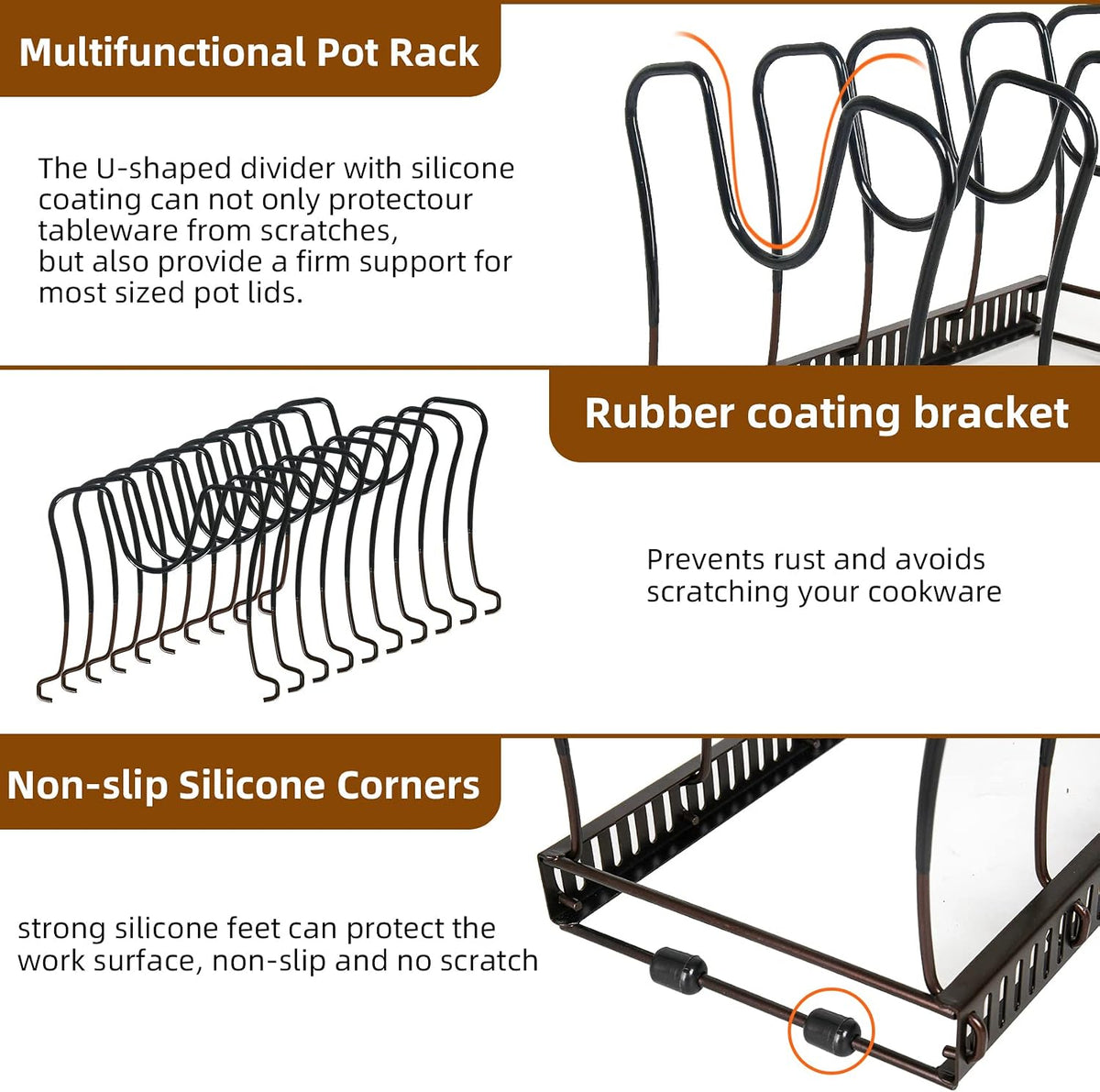 Pot and Pan Lid Organizer Rack for Under Cabinet, 12"-23" Expandable | 10 Adjustable Dividers, Holds Pan Lids, Cookware & Bakeware, Creates Tidy Cabinet Storage, Durable Metal, Bronze