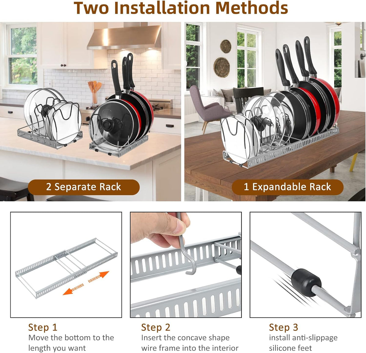 Pot and Pan Lid Organizer Rack for Under Cabinet, 12"-23" Expandable | 10 Adjustable Dividers, Holds Pan Lids, Cookware & Bakeware, Creates Tidy Cabinet Storage, Durable Metal, Bronze