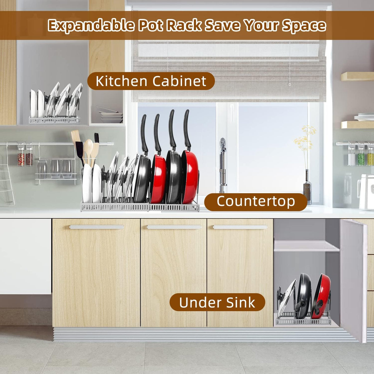 Pot and Pan Lid Organizer Rack for Under Cabinet, 12"-23" Expandable | 10 Adjustable Dividers, Holds Pan Lids, Cookware & Bakeware, Creates Tidy Cabinet Storage, Durable Metal, Bronze