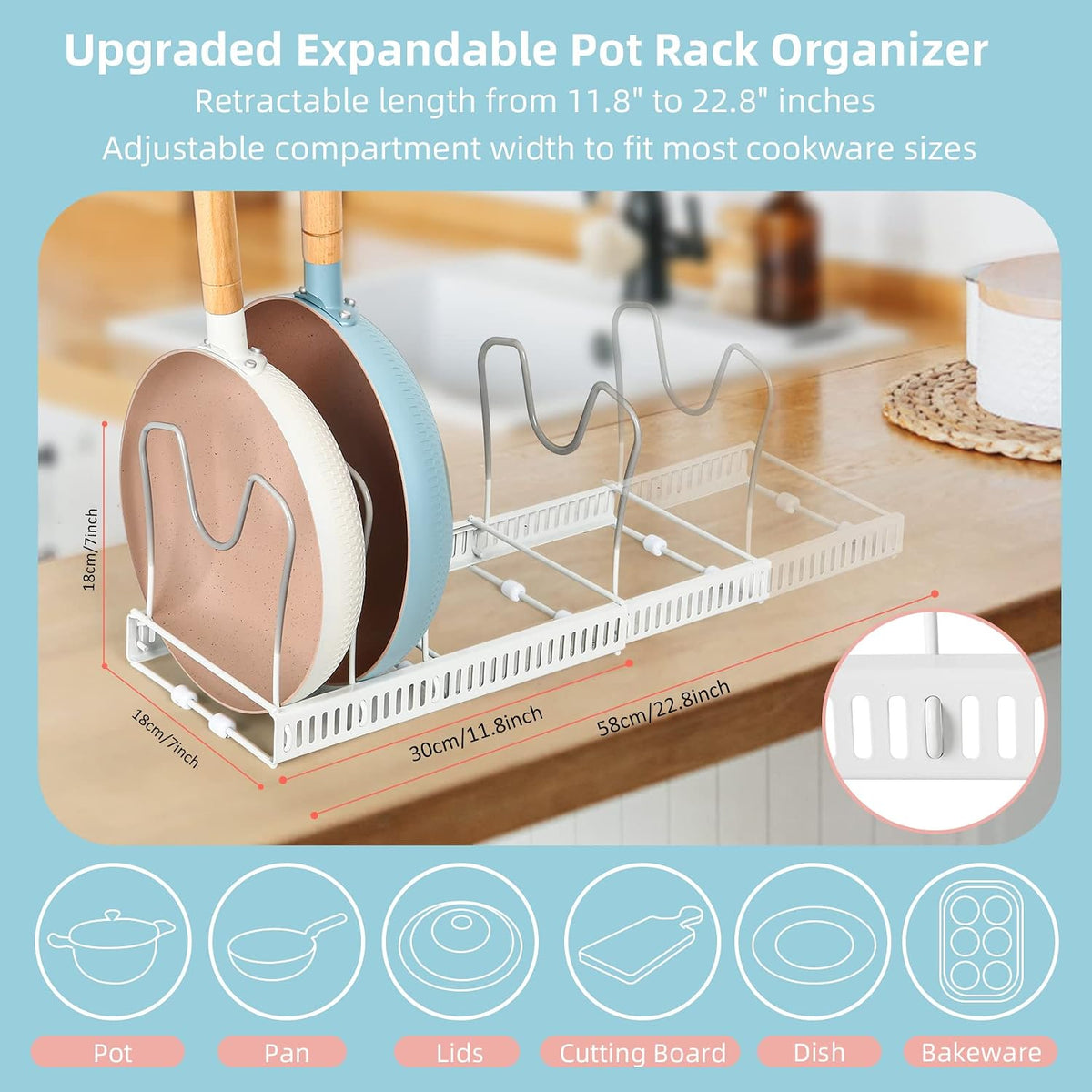 Pot and Pan Lid Organizer Rack for Under Cabinet, 12"-23" Expandable | 10 Adjustable Dividers, Holds Pan Lids, Cookware & Bakeware, Creates Tidy Cabinet Storage, Durable Metal, Bronze