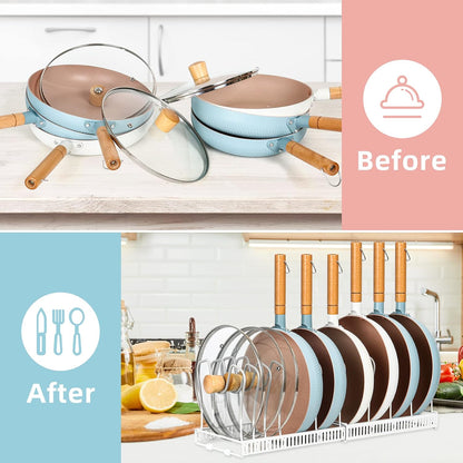 Pot and Pan Lid Organizer Rack for Under Cabinet, 12"-23" Expandable | 10 Adjustable Dividers, Holds Pan Lids, Cookware & Bakeware, Creates Tidy Cabinet Storage, Durable Metal, Bronze