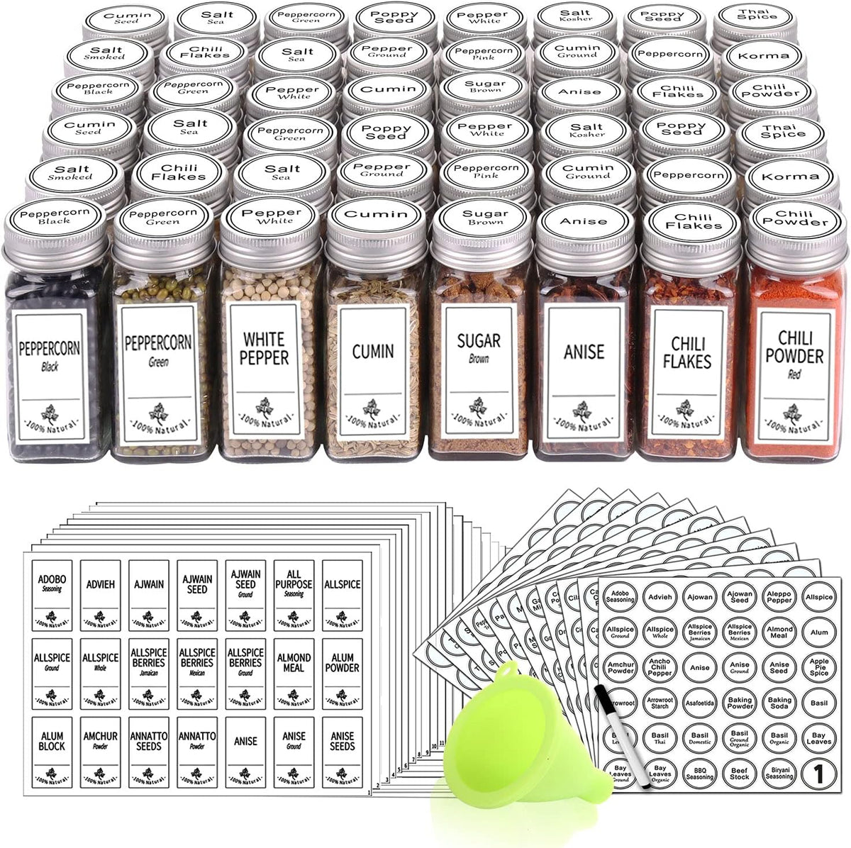48 Glass Spice Jars with White Labels, 4oz Spice Bottles with Lids | Airtight Caps, Pour/sift Shaker Lids, 806 Labels, Chalk Marker, Funnel- Seasoning Containers for Racks, Cabinets, Drawers