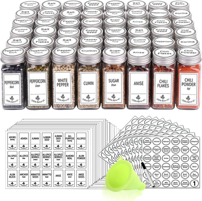 48 Glass Spice Jars with White Labels, 4oz Spice Bottles with Lids | Airtight Caps, Pour/sift Shaker Lids, 806 Labels, Chalk Marker, Funnel- Seasoning Containers for Racks, Cabinets, Drawers