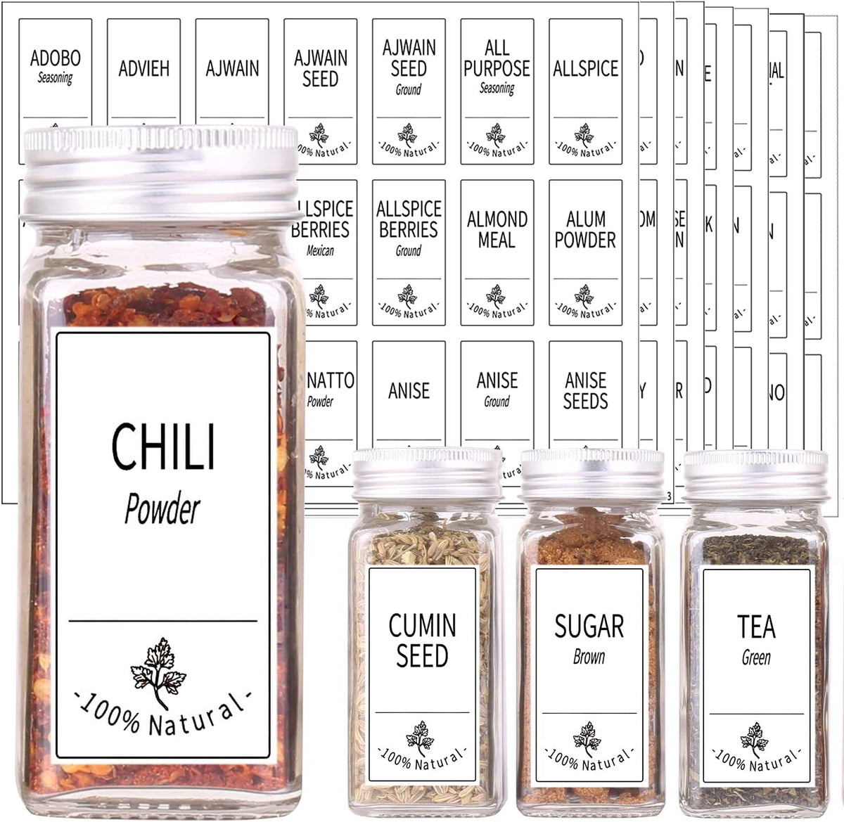 48 Glass Spice Jars with White Labels, 4oz Spice Bottles with Lids | Airtight Caps, Pour/sift Shaker Lids, 806 Labels, Chalk Marker, Funnel- Seasoning Containers for Racks, Cabinets, Drawers