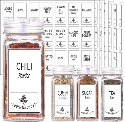 48 Glass Spice Jars with White Labels, 4oz Spice Bottles with Lids | Airtight Caps, Pour/sift Shaker Lids, 806 Labels, Chalk Marker, Funnel- Seasoning Containers for Racks, Cabinets, Drawers