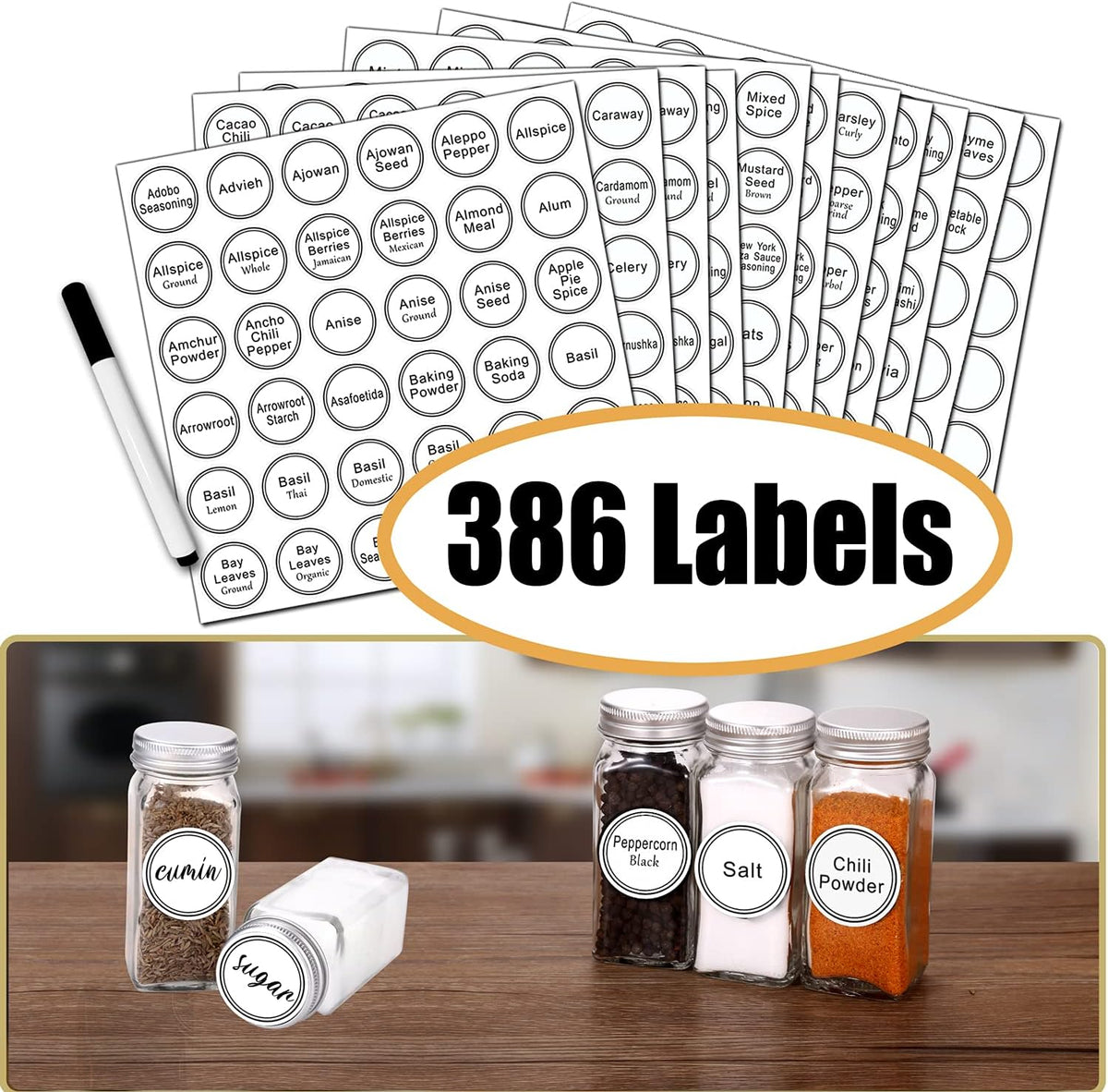 48 Glass Spice Jars with White Labels, 4oz Spice Bottles with Lids | Airtight Caps, Pour/sift Shaker Lids, 806 Labels, Chalk Marker, Funnel- Seasoning Containers for Racks, Cabinets, Drawers