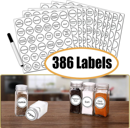 48 Glass Spice Jars with White Labels, 4oz Spice Bottles with Lids | Airtight Caps, Pour/sift Shaker Lids, 806 Labels, Chalk Marker, Funnel- Seasoning Containers for Racks, Cabinets, Drawers