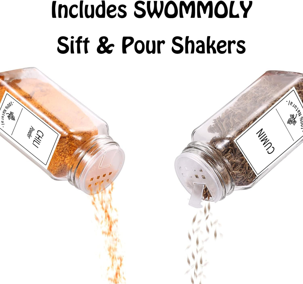 48 Glass Spice Jars with White Labels, 4oz Spice Bottles with Lids | Airtight Caps, Pour/sift Shaker Lids, 806 Labels, Chalk Marker, Funnel- Seasoning Containers for Racks, Cabinets, Drawers