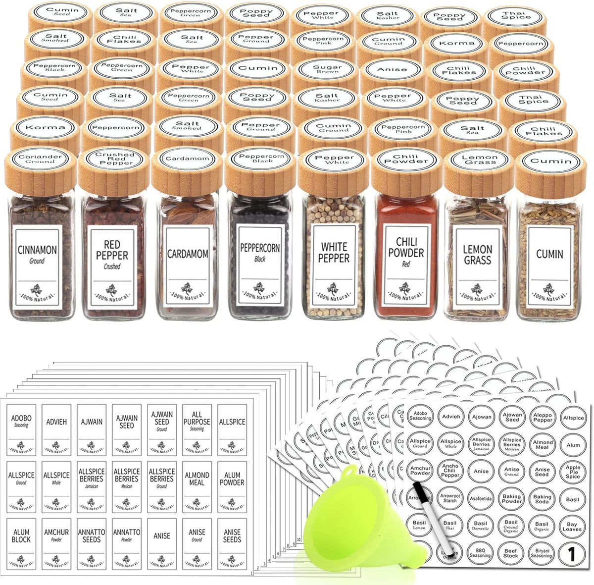 48 Glass Spice Jars with White Labels, 4oz Spice Bottles with Lids | Airtight Caps, Pour/sift Shaker Lids, 806 Labels, Chalk Marker, Funnel- Seasoning Containers for Racks, Cabinets, Drawers