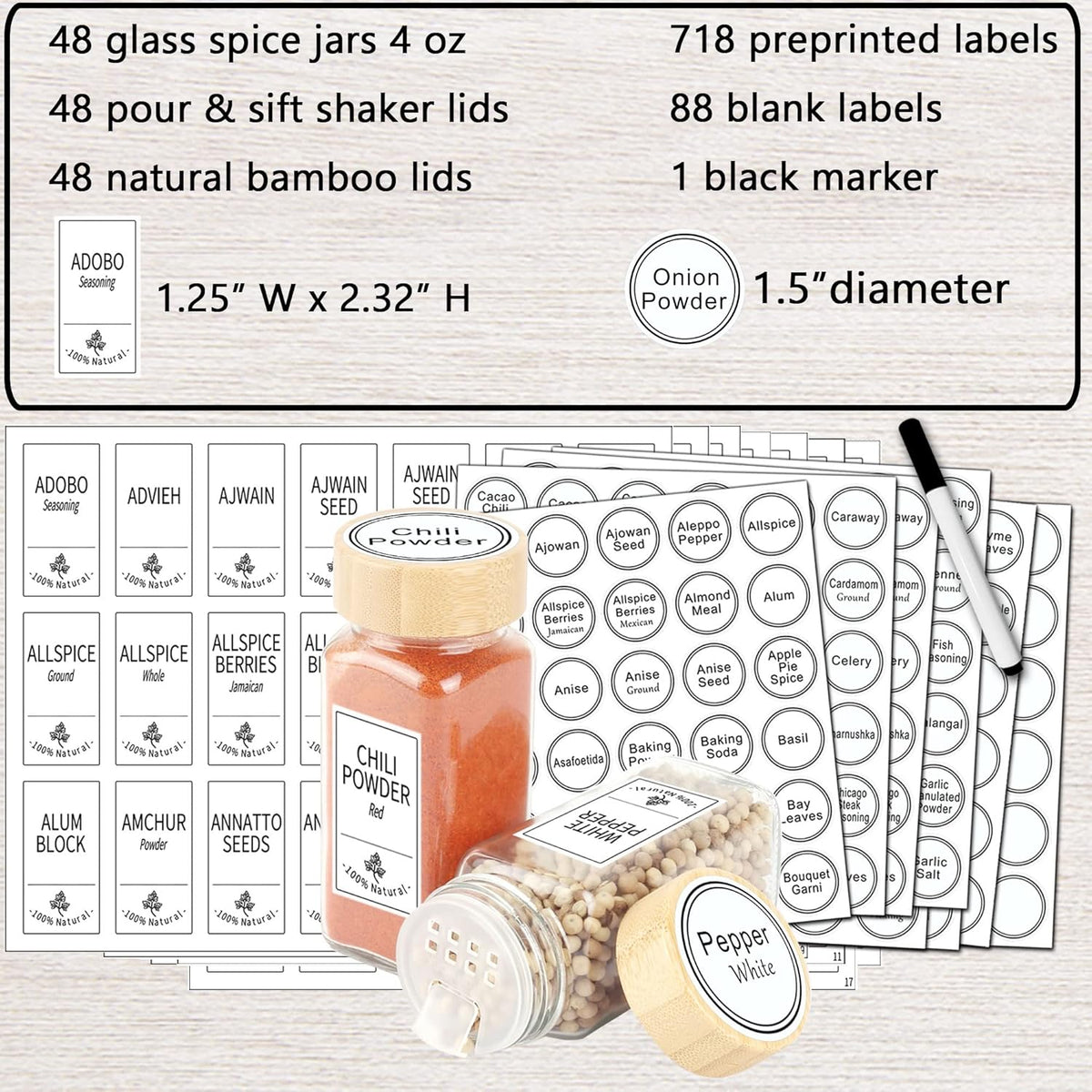 48 Glass Spice Jars with White Labels, 4oz Spice Bottles with Lids | Airtight Caps, Pour/sift Shaker Lids, 806 Labels, Chalk Marker, Funnel- Seasoning Containers for Racks, Cabinets, Drawers