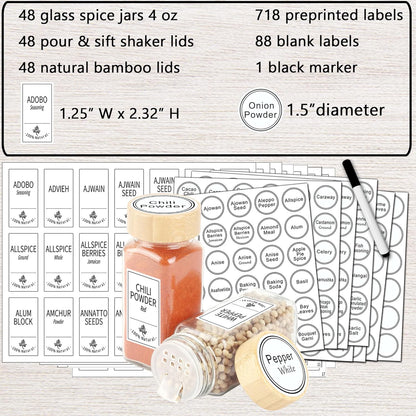 48 Glass Spice Jars with White Labels, 4oz Spice Bottles with Lids | Airtight Caps, Pour/sift Shaker Lids, 806 Labels, Chalk Marker, Funnel- Seasoning Containers for Racks, Cabinets, Drawers