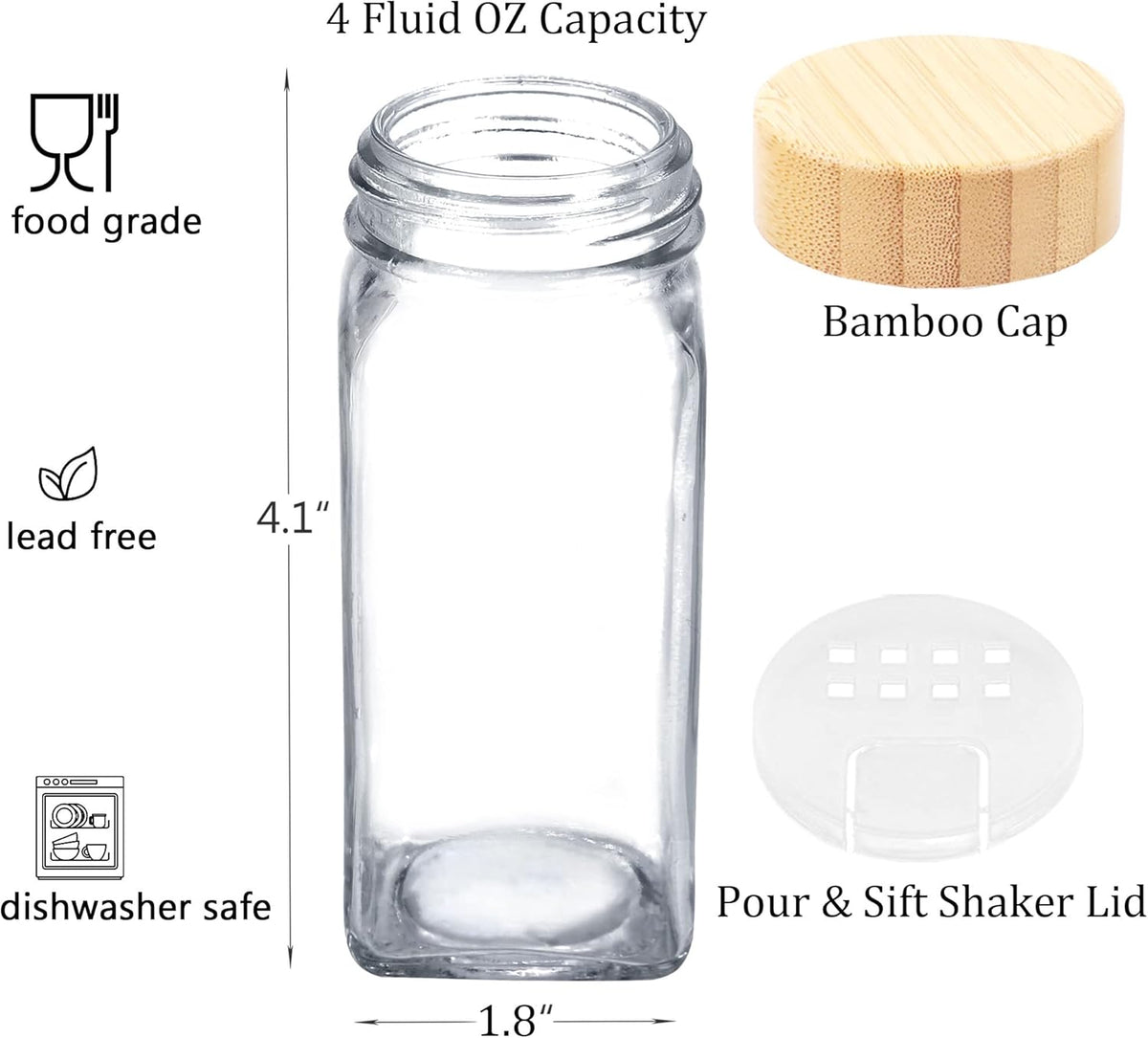 48 Glass Spice Jars with White Labels, 4oz Spice Bottles with Lids | Airtight Caps, Pour/sift Shaker Lids, 806 Labels, Chalk Marker, Funnel- Seasoning Containers for Racks, Cabinets, Drawers