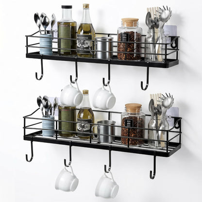 Black Floating Shelves Wall Mounted with 8 Removable S-Hooks for Mugs, Towels, Utensils, Adhesive Shower Shelf Organizer for Coffee Bar Kitchen or RV Storage and Organization, Set of 2