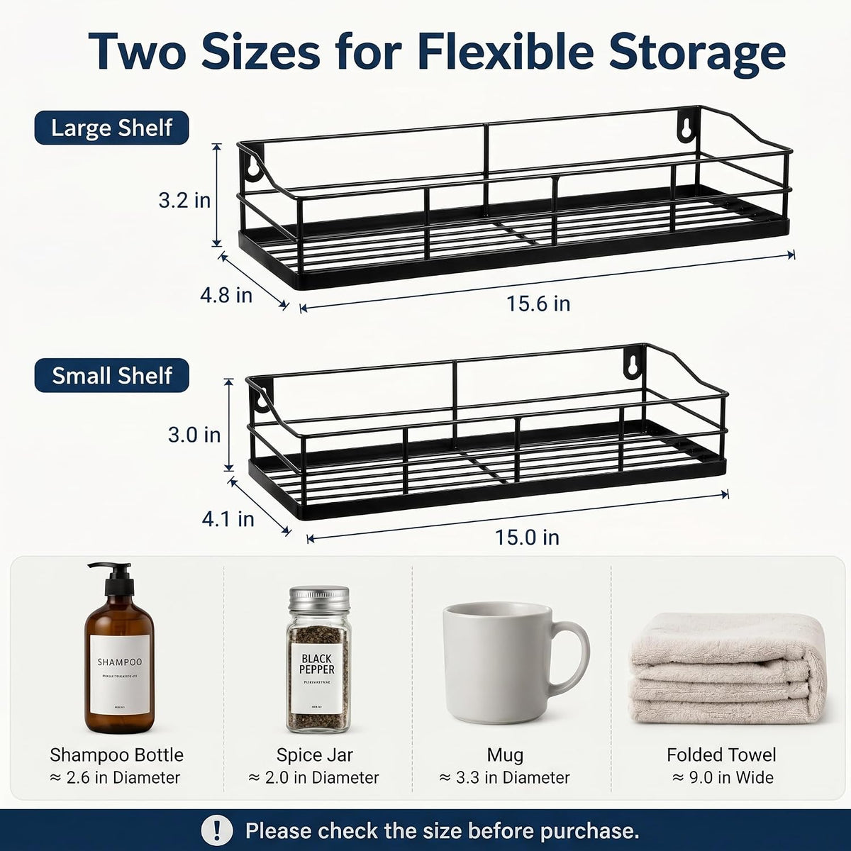 Black Floating Shelves Wall Mounted with 8 Removable S-Hooks for Mugs, Towels, Utensils, Adhesive Shower Shelf Organizer for Coffee Bar Kitchen or RV Storage and Organization, Set of 2