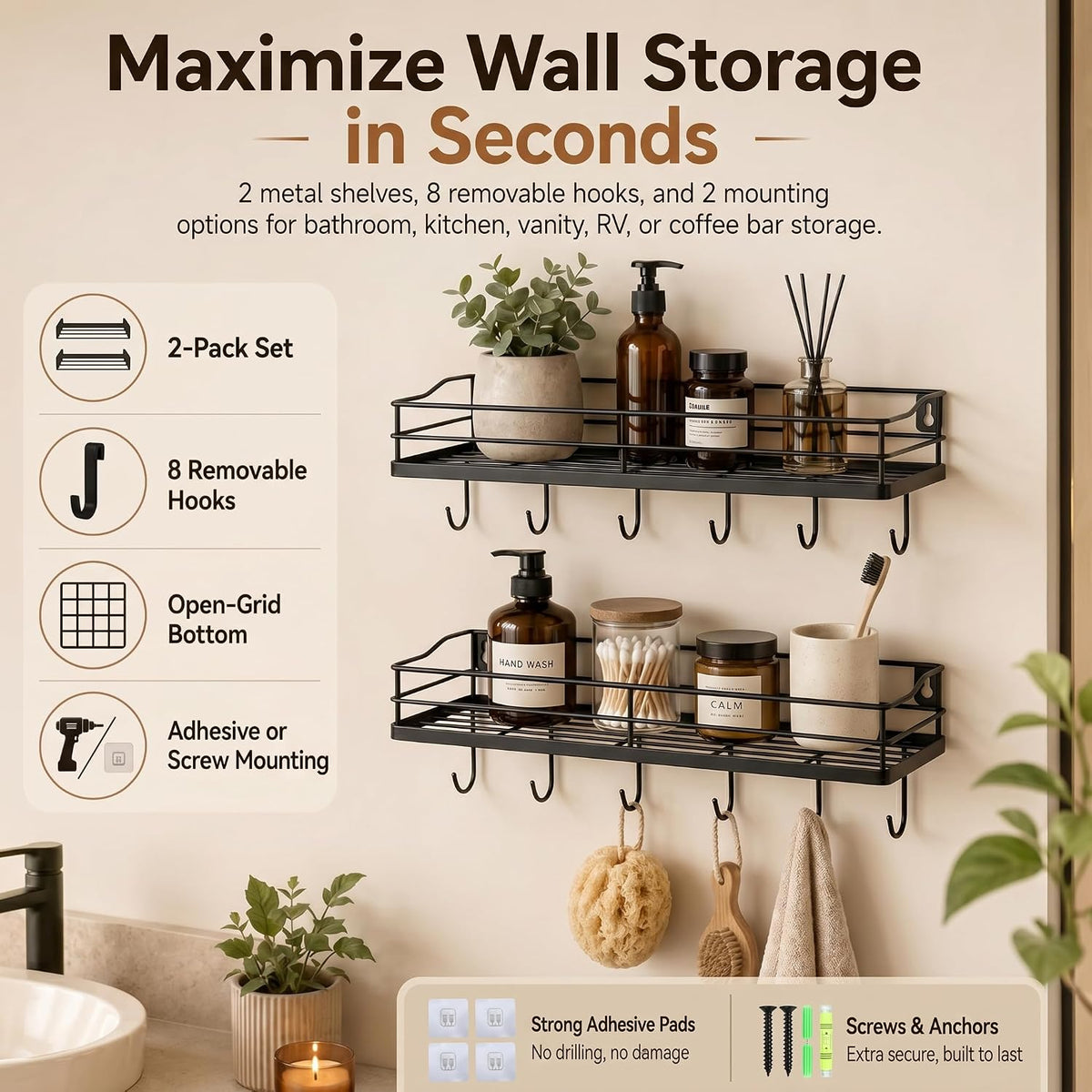 Black Floating Shelves Wall Mounted with 8 Removable S-Hooks for Mugs, Towels, Utensils, Adhesive Shower Shelf Organizer for Coffee Bar Kitchen or RV Storage and Organization, Set of 2