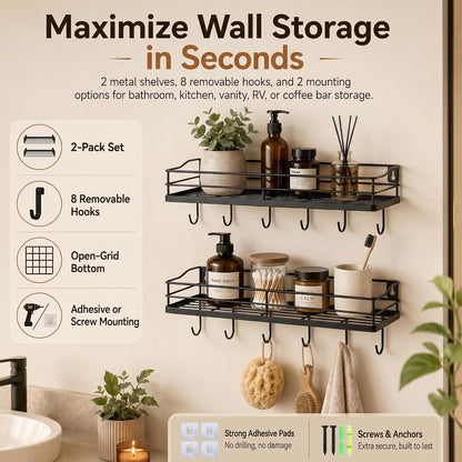 Black Floating Shelves Wall Mounted with 8 Removable S-Hooks for Mugs, Towels, Utensils, Adhesive Shower Shelf Organizer for Coffee Bar Kitchen or RV Storage and Organization, Set of 2