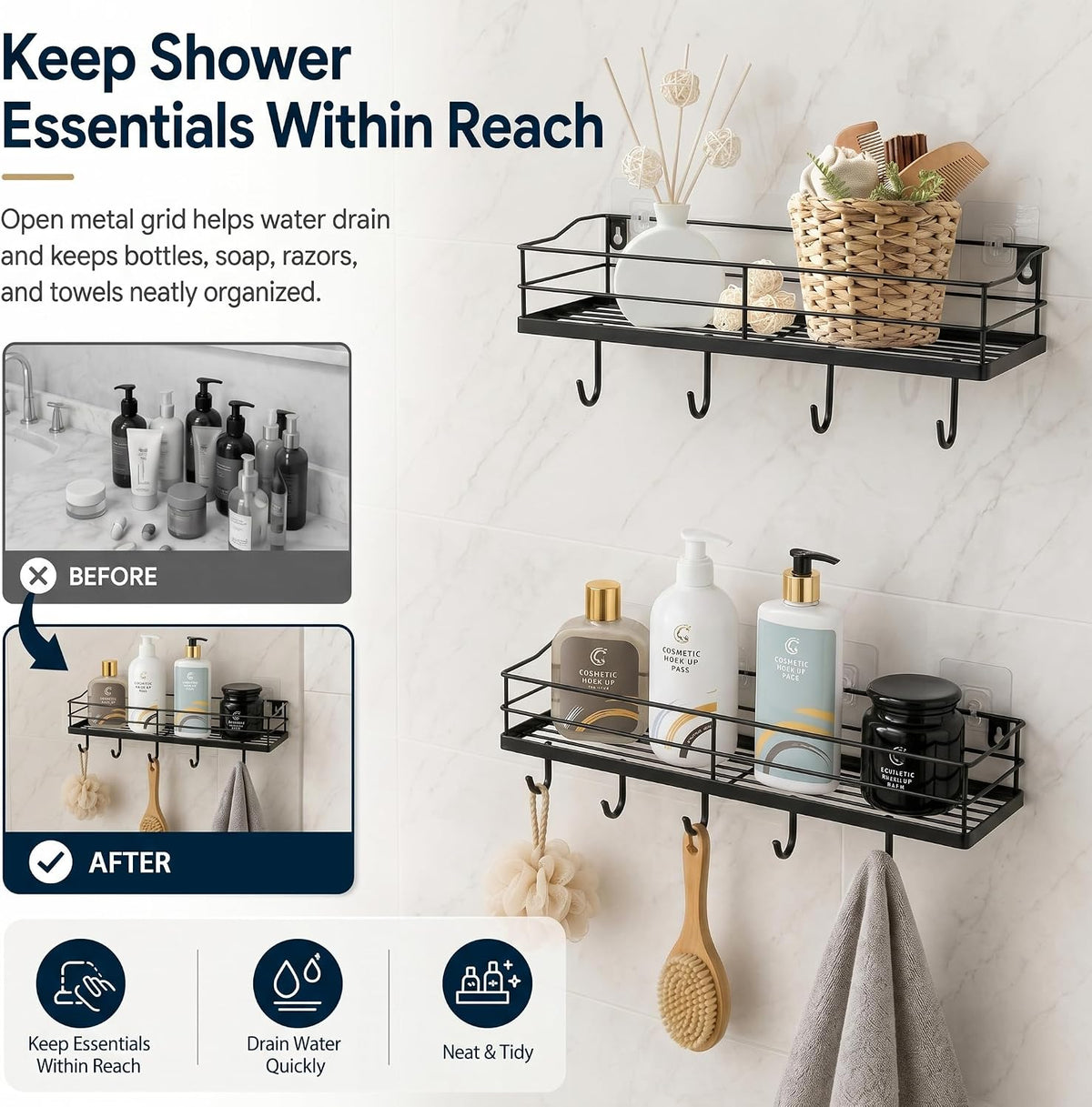 Black Floating Shelves Wall Mounted with 8 Removable S-Hooks for Mugs, Towels, Utensils, Adhesive Shower Shelf Organizer for Coffee Bar Kitchen or RV Storage and Organization, Set of 2
