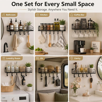 Black Floating Shelves Wall Mounted with 8 Removable S-Hooks for Mugs, Towels, Utensils, Adhesive Shower Shelf Organizer for Coffee Bar Kitchen or RV Storage and Organization, Set of 2