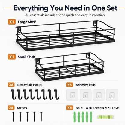 Black Floating Shelves Wall Mounted with 8 Removable S-Hooks for Mugs, Towels, Utensils, Adhesive Shower Shelf Organizer for Coffee Bar Kitchen or RV Storage and Organization, Set of 2
