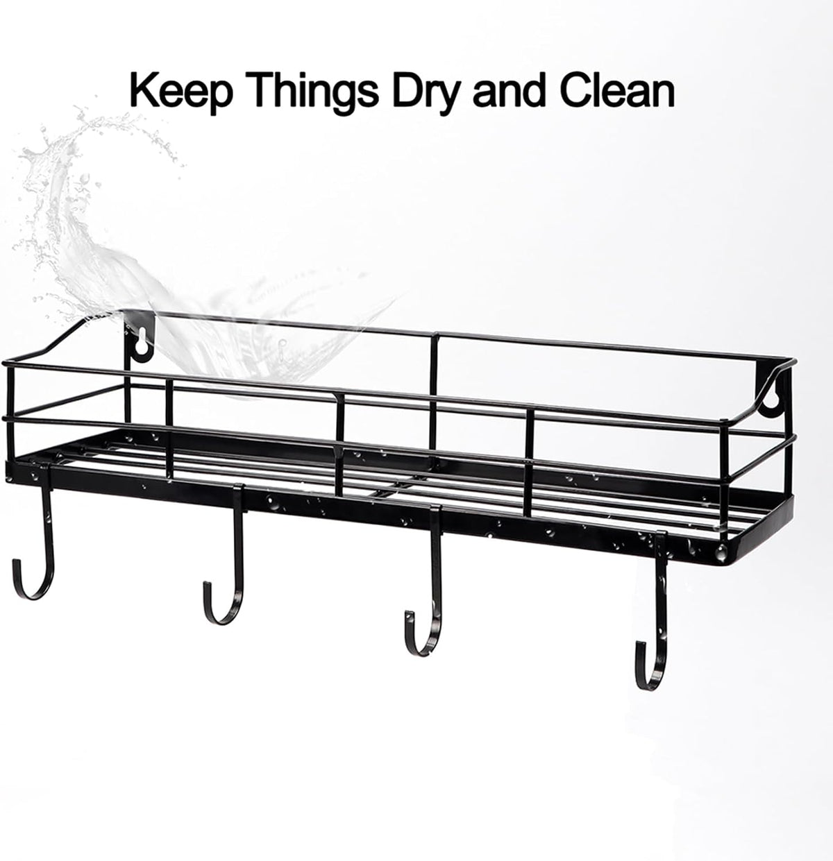 Black Floating Shelves Wall Mounted with 8 Removable S-Hooks for Mugs, Towels, Utensils, Adhesive Shower Shelf Organizer for Coffee Bar Kitchen or RV Storage and Organization, Set of 2