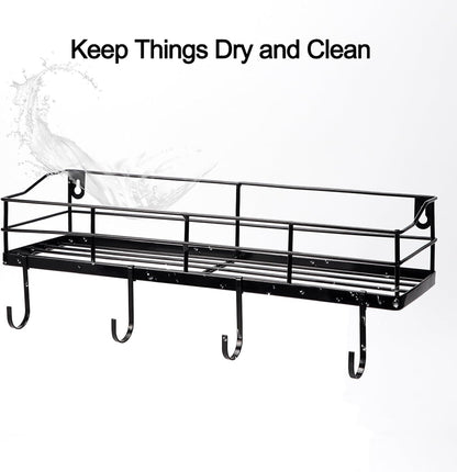 Black Floating Shelves Wall Mounted with 8 Removable S-Hooks for Mugs, Towels, Utensils, Adhesive Shower Shelf Organizer for Coffee Bar Kitchen or RV Storage and Organization, Set of 2