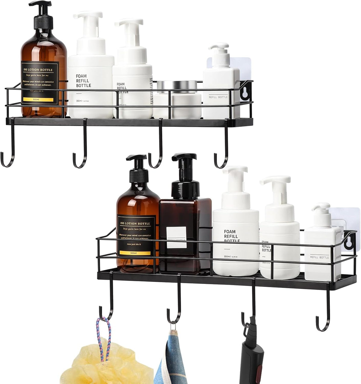 Black Floating Shelves Wall Mounted with 8 Removable S-Hooks for Mugs, Towels, Utensils, Adhesive Shower Shelf Organizer for Coffee Bar Kitchen or RV Storage and Organization, Set of 2