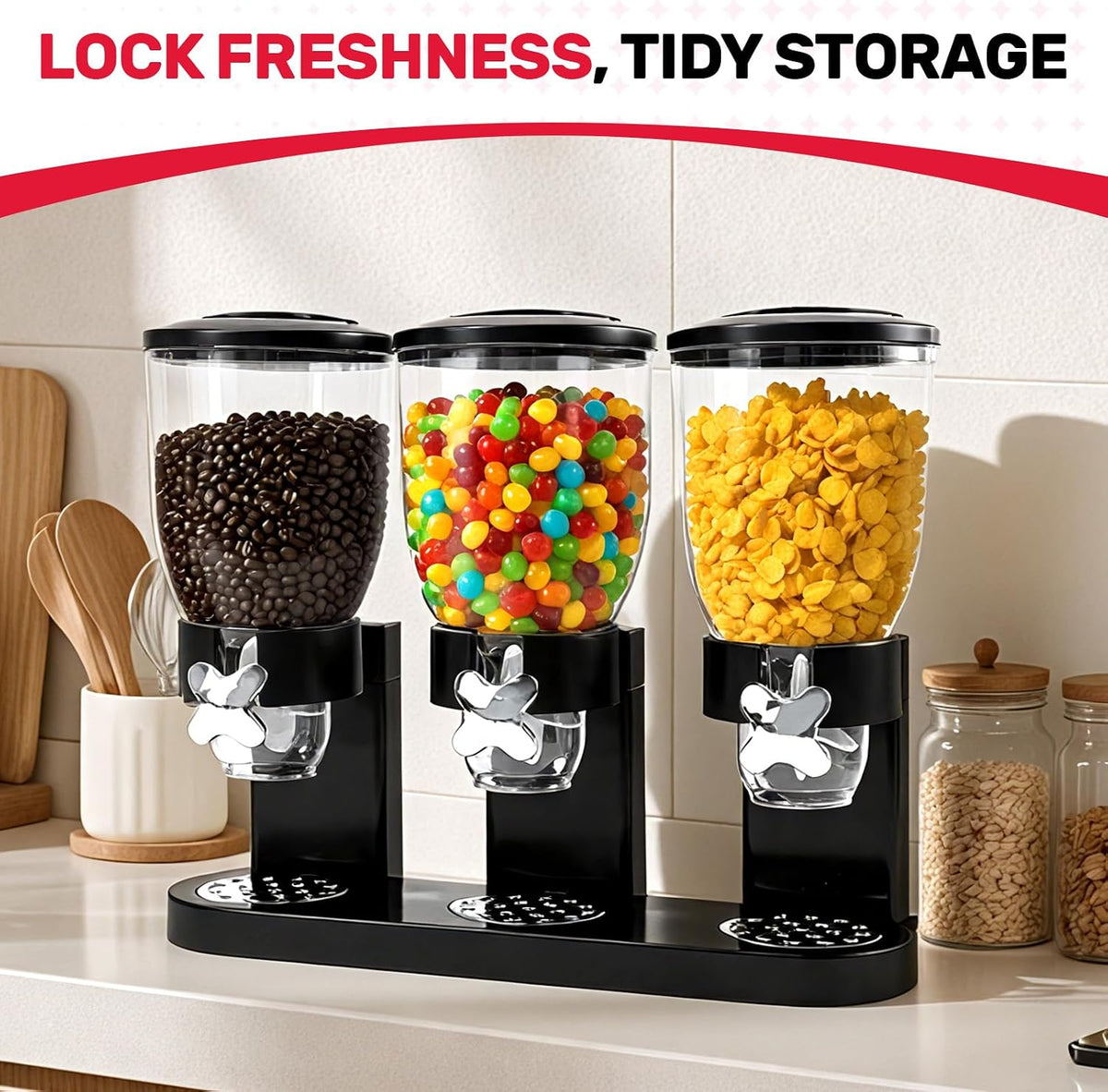 Triple Cereal Dispenser, 3 Pack 2L Large Cereal Containers Storage | Airtight, Rotating Plastic Cereal Dispenser for Countertop, Pantry Organizer for Cereal, Rice, Grains, Candy, Coffee Beans