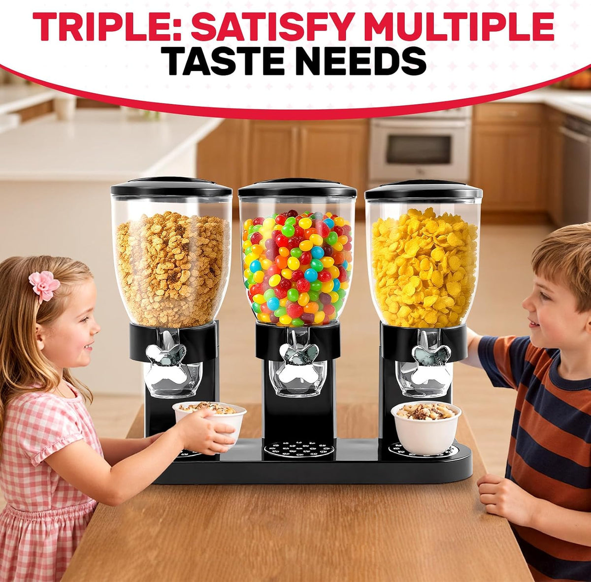 Triple Cereal Dispenser, 3 Pack 2L Large Cereal Containers Storage | Airtight, Rotating Plastic Cereal Dispenser for Countertop, Pantry Organizer for Cereal, Rice, Grains, Candy, Coffee Beans