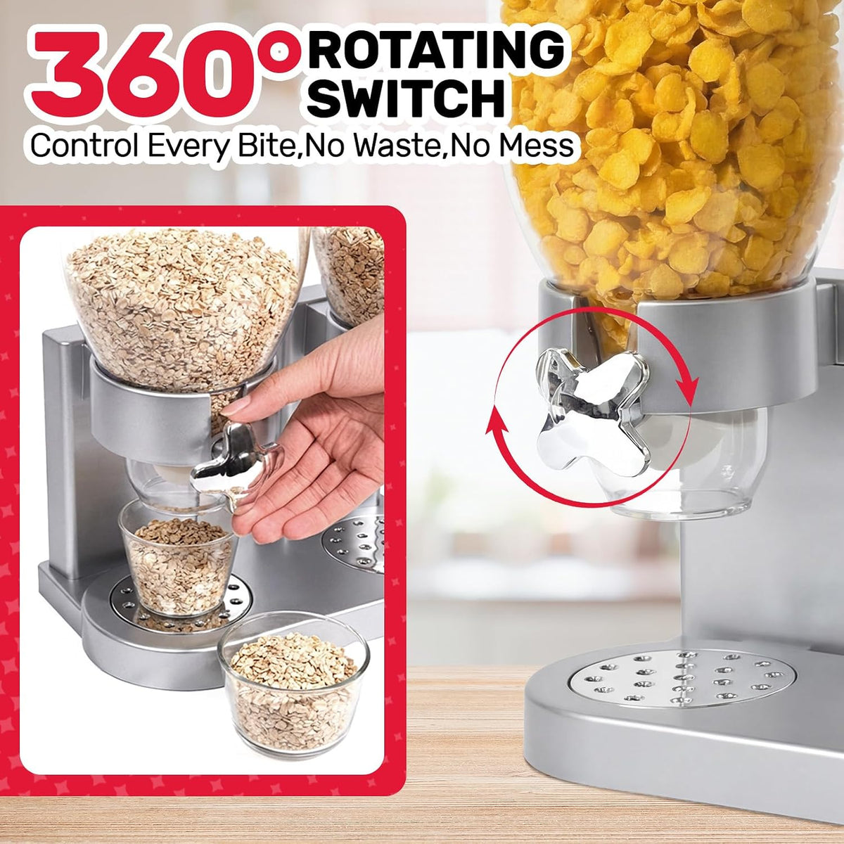 Triple Cereal Dispenser, 3 Pack 2L Large Cereal Containers Storage | Airtight, Rotating Plastic Cereal Dispenser for Countertop, Pantry Organizer for Cereal, Rice, Grains, Candy, Coffee Beans