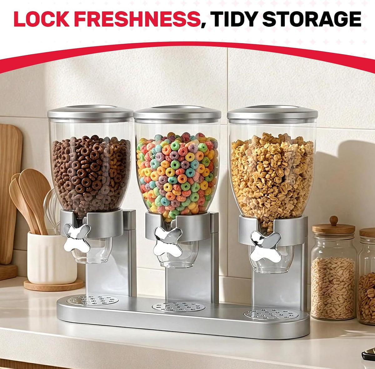 Triple Cereal Dispenser, 3 Pack 2L Large Cereal Containers Storage | Airtight, Rotating Plastic Cereal Dispenser for Countertop, Pantry Organizer for Cereal, Rice, Grains, Candy, Coffee Beans