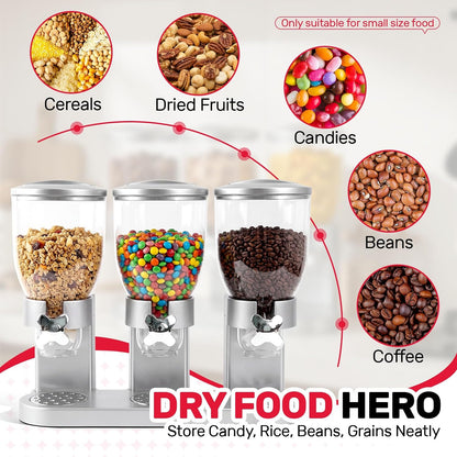 Triple Cereal Dispenser, 3 Pack 2L Large Cereal Containers Storage | Airtight, Rotating Plastic Cereal Dispenser for Countertop, Pantry Organizer for Cereal, Rice, Grains, Candy, Coffee Beans