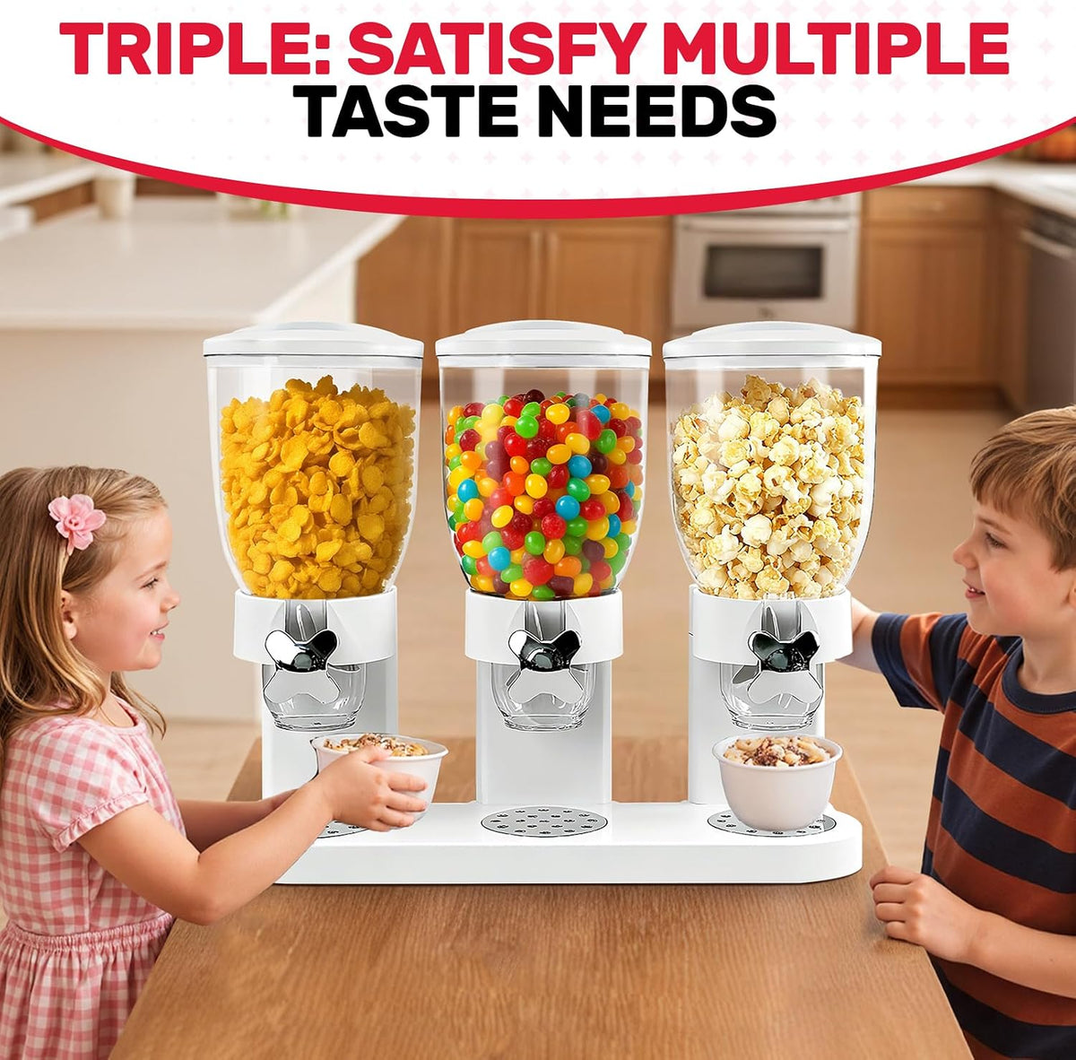 Triple Cereal Dispenser, 3 Pack 2L Large Cereal Containers Storage | Airtight, Rotating Plastic Cereal Dispenser for Countertop, Pantry Organizer for Cereal, Rice, Grains, Candy, Coffee Beans