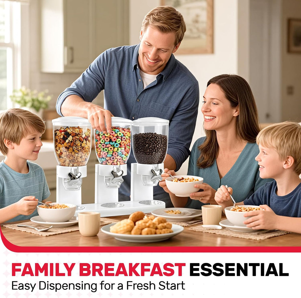 Triple Cereal Dispenser, 3 Pack 2L Large Cereal Containers Storage | Airtight, Rotating Plastic Cereal Dispenser for Countertop, Pantry Organizer for Cereal, Rice, Grains, Candy, Coffee Beans