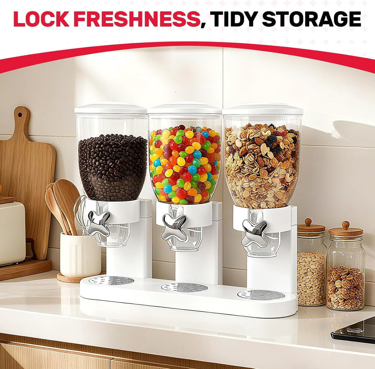 Triple Cereal Dispenser, 3 Pack 2L Large Cereal Containers Storage | Airtight, Rotating Plastic Cereal Dispenser for Countertop, Pantry Organizer for Cereal, Rice, Grains, Candy, Coffee Beans