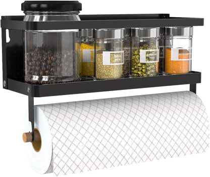 Magnetic Paper Towel Holder, 2-in-1 Magnetic Spice Rack with Hooks,Wall Mount Shelf Towel Rack for Refrigerator (Black, With hook)