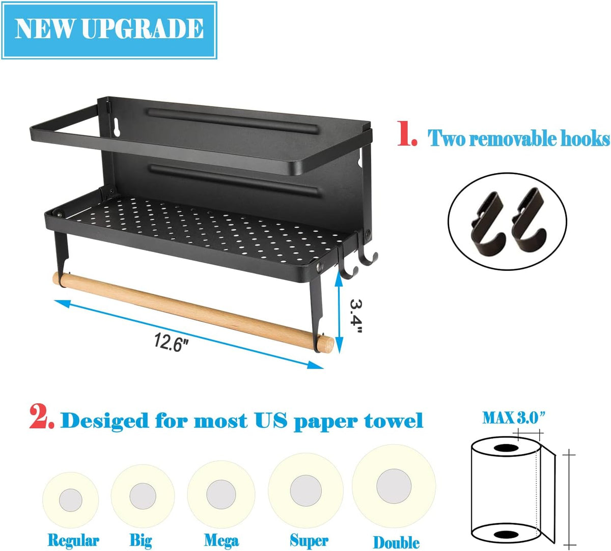 Magnetic Paper Towel Holder, 2-in-1 Magnetic Spice Rack with Hooks,Wall Mount Shelf Towel Rack for Refrigerator (Black, With hook)