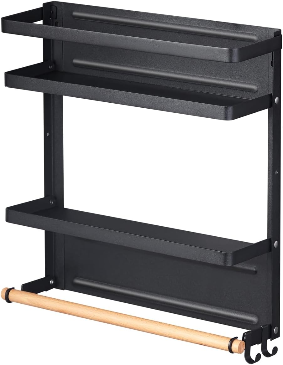Magnetic Paper Towel Holder, 2-in-1 Magnetic Spice Rack with Hooks,Wall Mount Shelf Towel Rack for Refrigerator (Black, With hook)