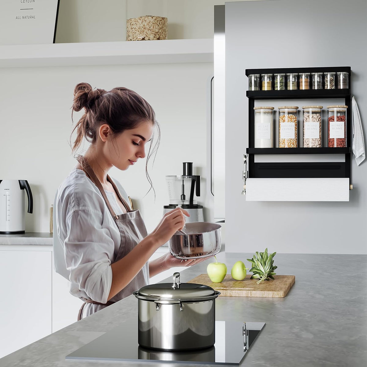 Magnetic Paper Towel Holder, 2-in-1 Magnetic Spice Rack with Hooks,Wall Mount Shelf Towel Rack for Refrigerator (Black, With hook)