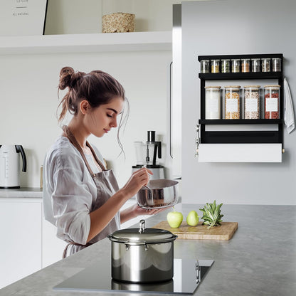 Magnetic Paper Towel Holder, 2-in-1 Magnetic Spice Rack with Hooks,Wall Mount Shelf Towel Rack for Refrigerator (Black, With hook)