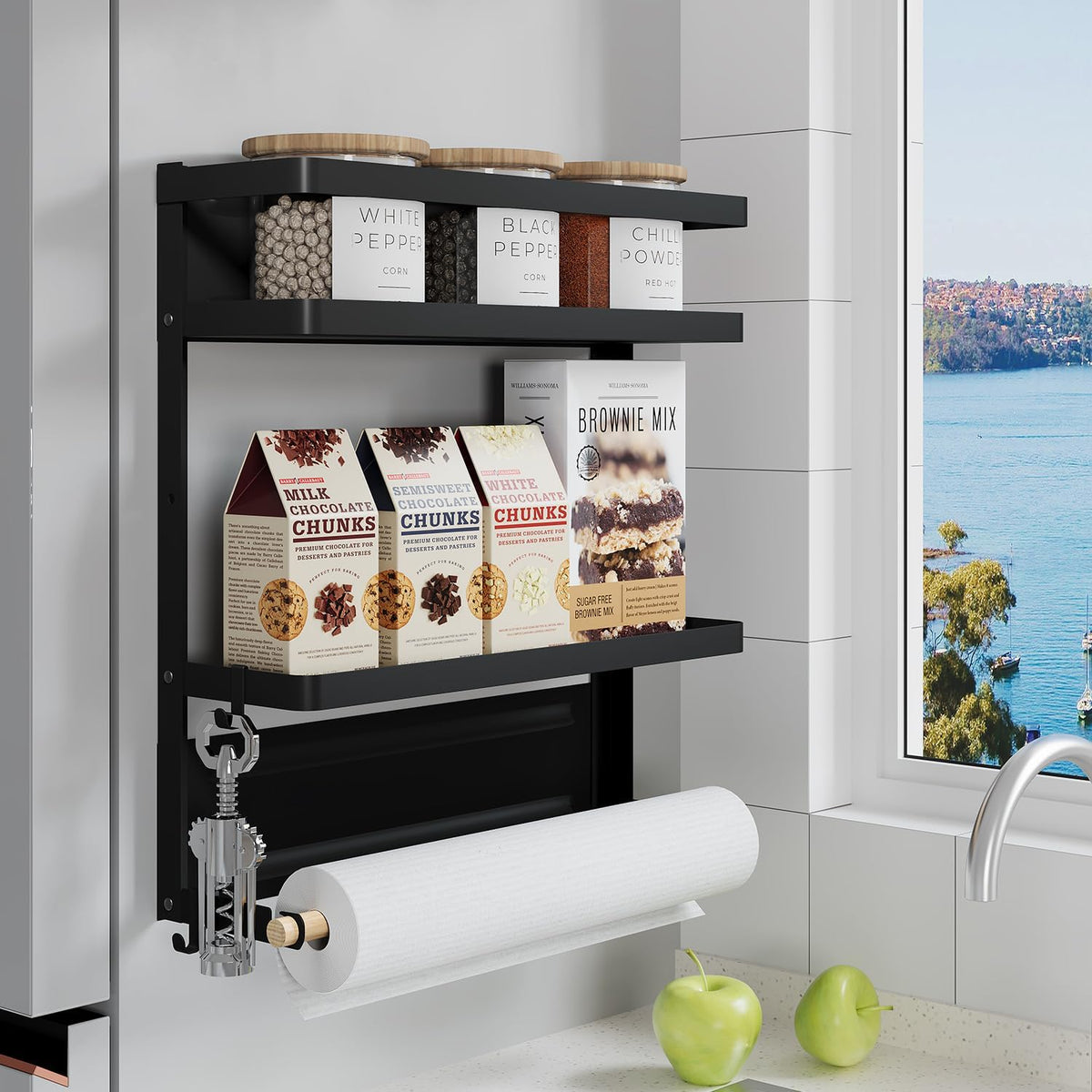 Magnetic Paper Towel Holder, 2-in-1 Magnetic Spice Rack with Hooks,Wall Mount Shelf Towel Rack for Refrigerator (Black, With hook)