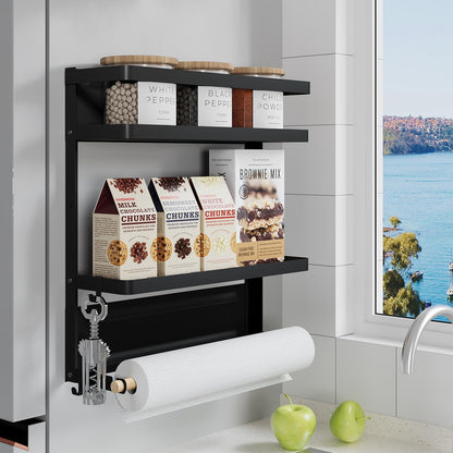 Magnetic Paper Towel Holder, 2-in-1 Magnetic Spice Rack with Hooks,Wall Mount Shelf Towel Rack for Refrigerator (Black, With hook)